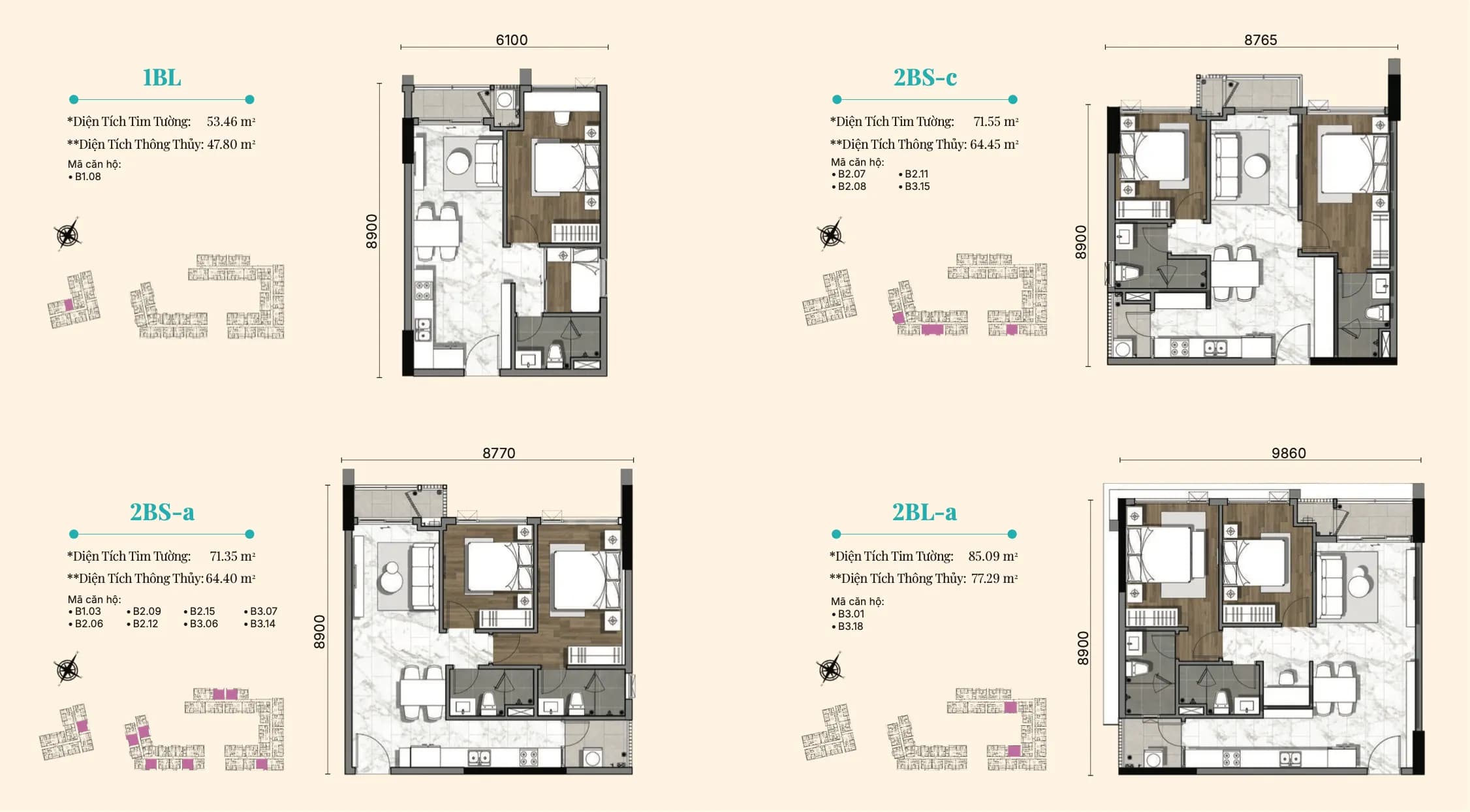 Layout căn hộ 1 và 2 phòng ngủ Gladia Heights
